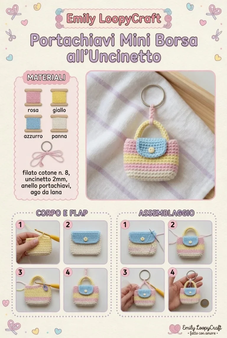 Portachiavi uncinetto a forma di mini borsa colorata, accessorio estivo.