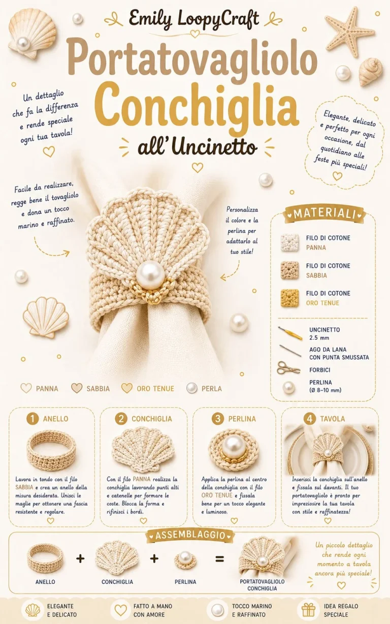 Portatovagliolo a forma di conchiglia all’uncinetto per decorazioni marine