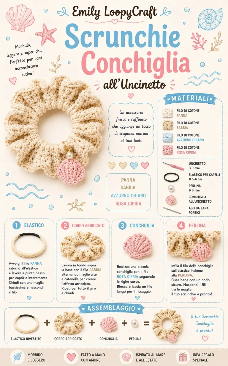 Scrunchie uncinetto con chiare linee e perlina, accessorio elegante per capelli