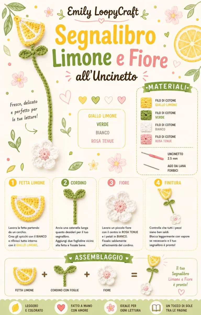 Segnalibro uncinetto decorato con limone e fiore, ideale per regalo fatto a mano.