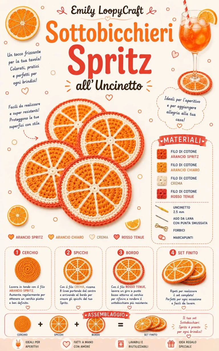 Sottobicchieri spritz all’uncinetto colorati su un tavolo elegante per aperitivo.