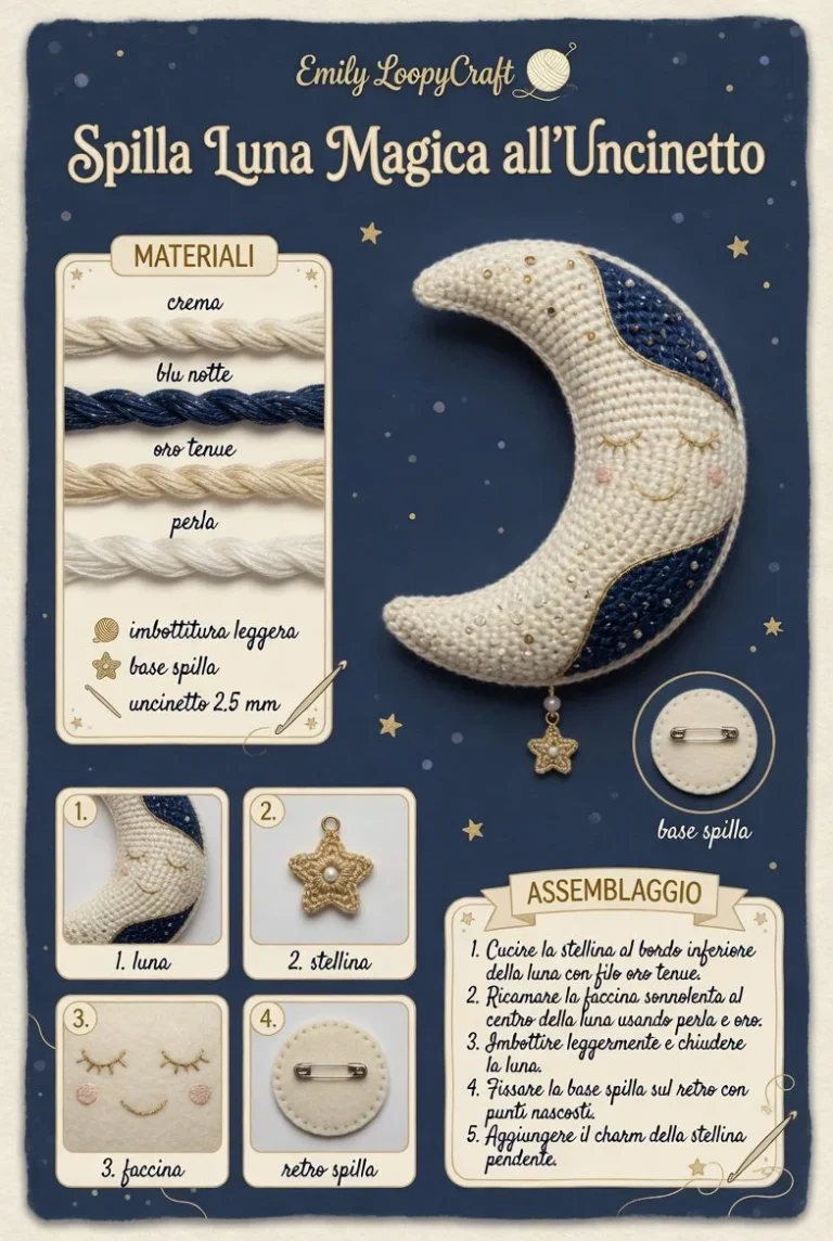 Spilla Luna Magica all'Uncinetto realizzata con pochi punti