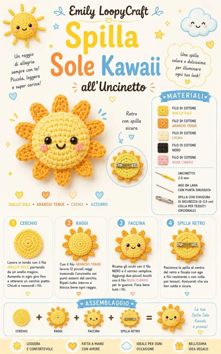 Spilla sole Kawaii all’uncinetto, accessorio estivo colorato e originale