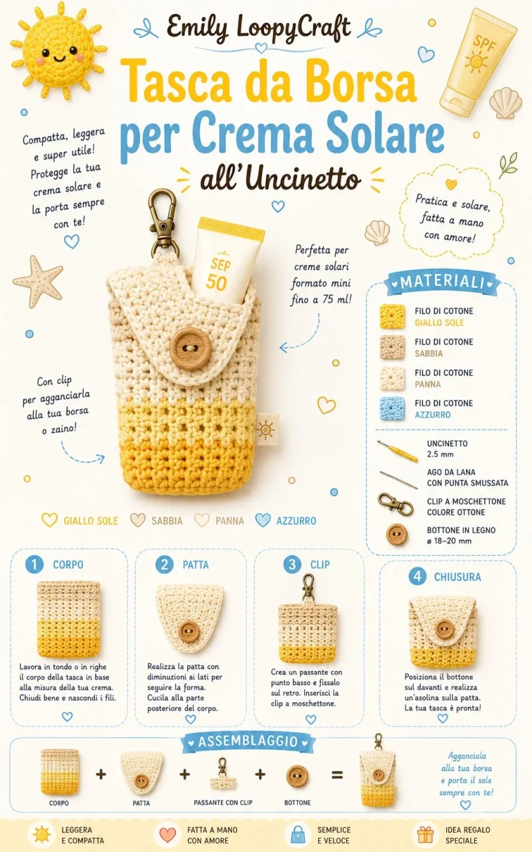 Tasca da borsa all’uncinetto per crema solare, accessorio estivo pratico e trendy.