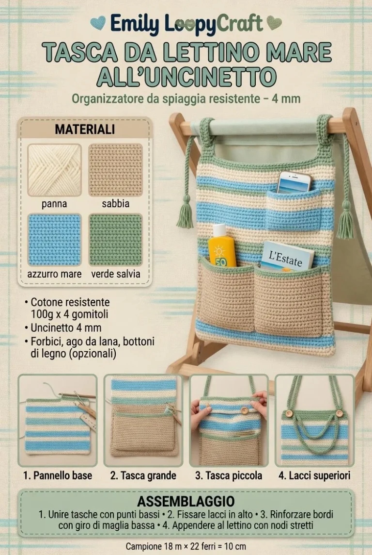 Tasca da lettino mare all’uncinetto realizzata con tecnica artigianale.