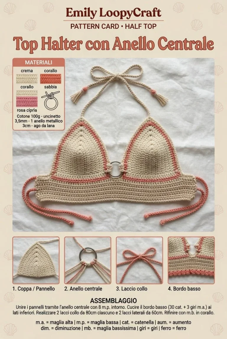 Top Halter all’uncinetto con anello centrale, esempio di lavoro a maglia.