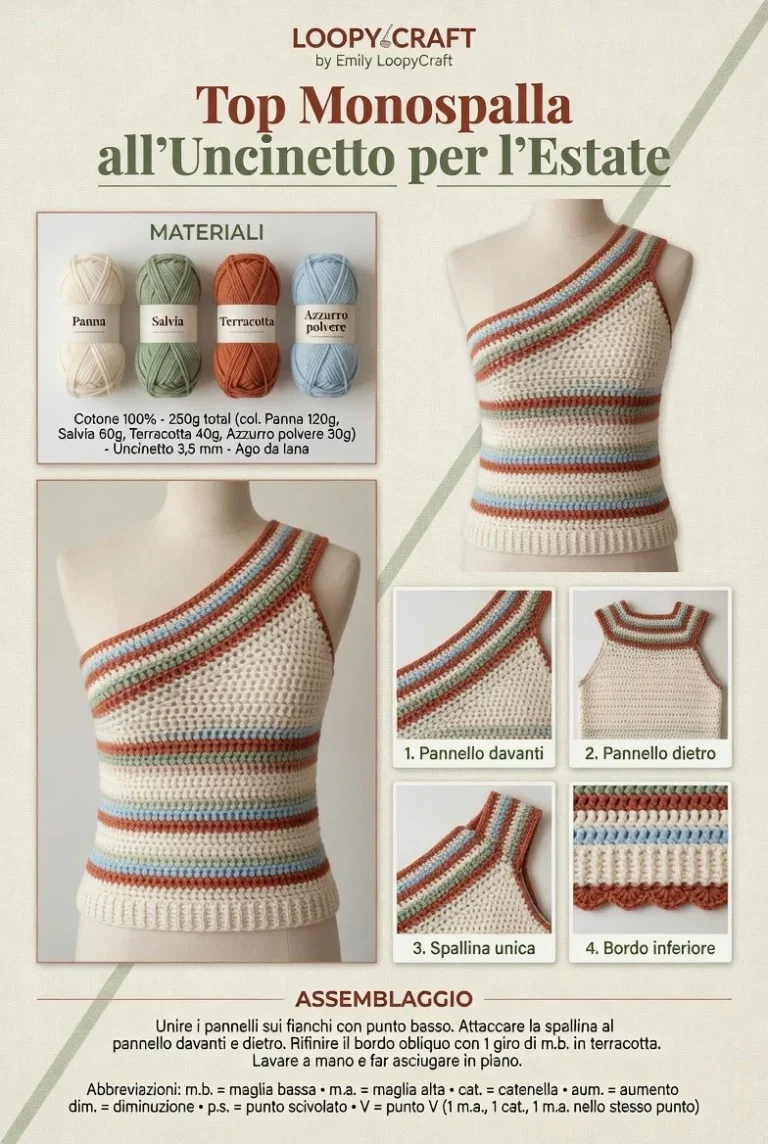 Maglietta monospalla all’uncinetto estiva, modello facile e alla moda