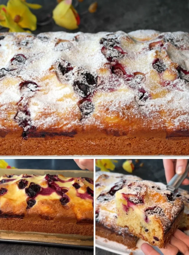 Torta di Ciliegie decorata con ciliegie fresche e zucchero a velo
