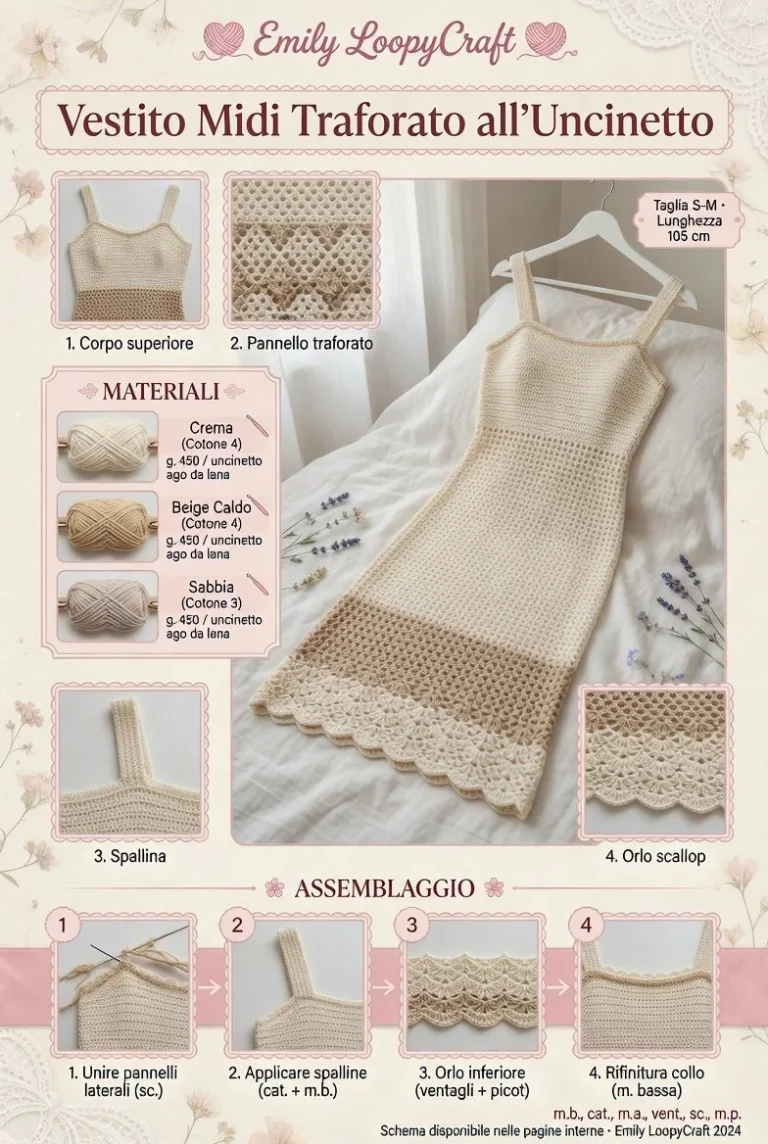 Vestito midi trafotato all'uncinetto in cotone colorato
