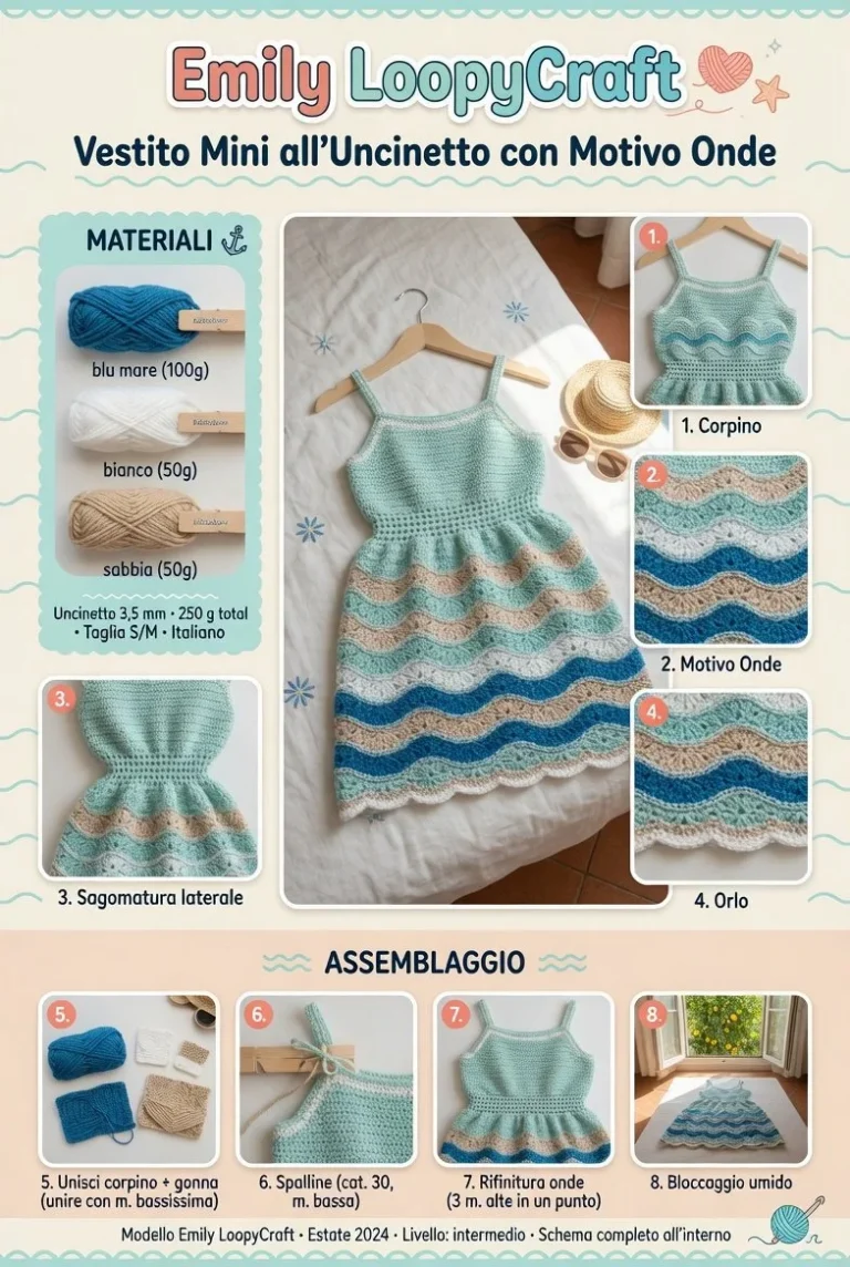 Mini vestito all'uncinetto con motivo onde, guida e schemi passo-passo
