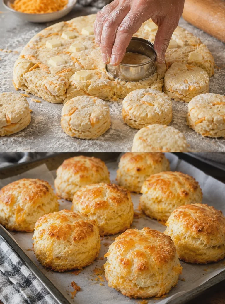 Biscotti al Cheddar Fluffosi freschi e dorati su un piatto.