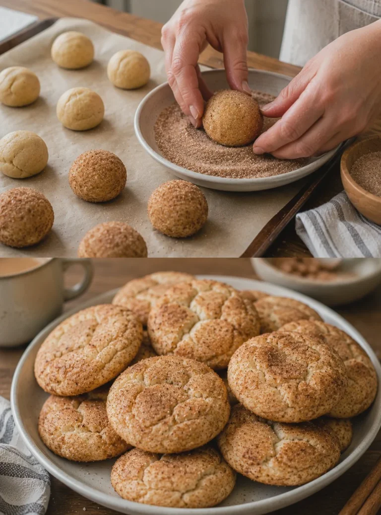 Biscotti Snickerdoodle appena sfornati su un piatto decorativo.