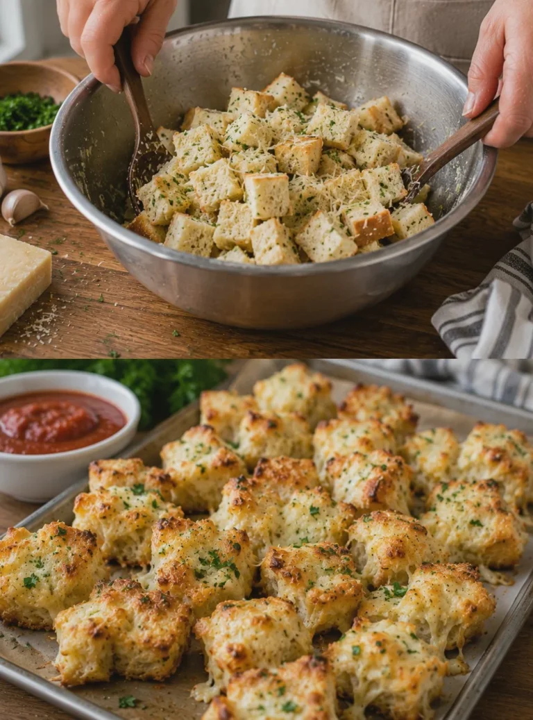 Bocconcini di pane con aglio e formaggio freschi e appetitosi