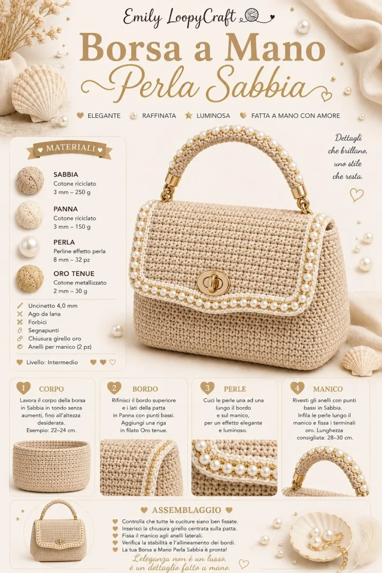 Borsa a mano Perla Sabbia all’uncinetto elegante e raffinata