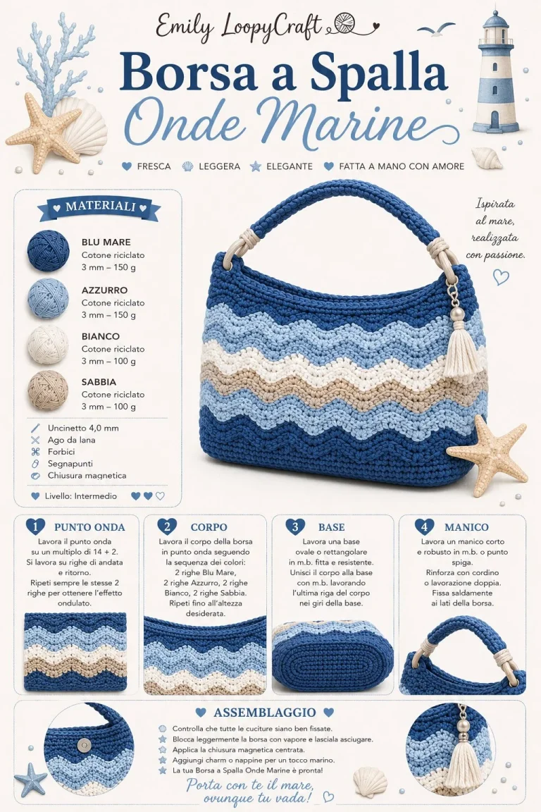 Borsa uncinetto a spalla con motivi di onde marine, perfetta per l'estate.