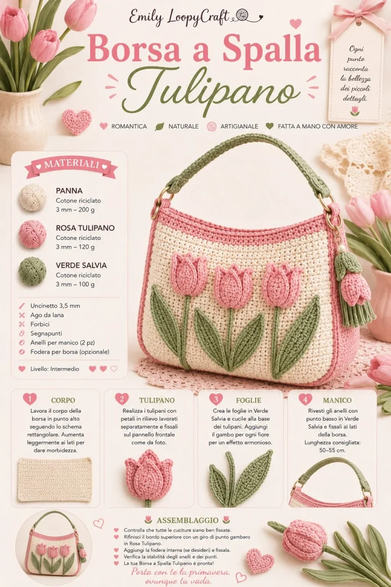 Borsa a spalla Tulipano all’uncinetto, design romantico e originale.