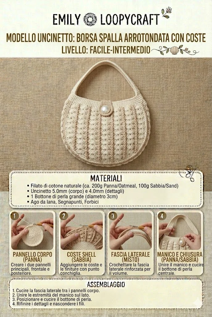 Borsa uncinetto a forma di conchiglia realizzata con tecnica passo-passo