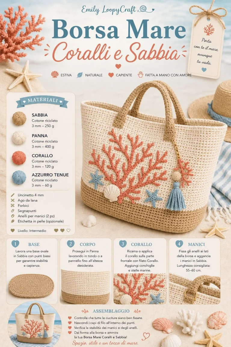 Borsa da mare all’uncinetto Coralli e Sabbia, modello estivo elegante.