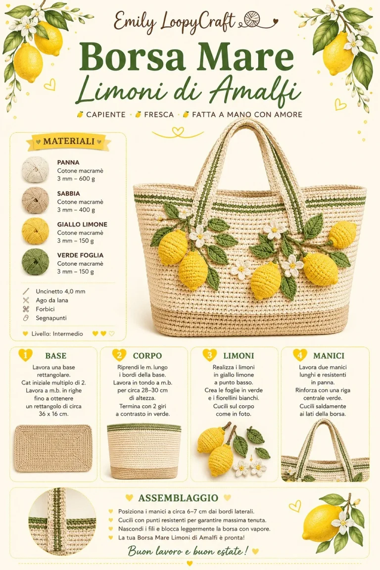 Borsa da Mare Limoni di Amalfi lavorata all'uncinetto, tutorial fai da te
