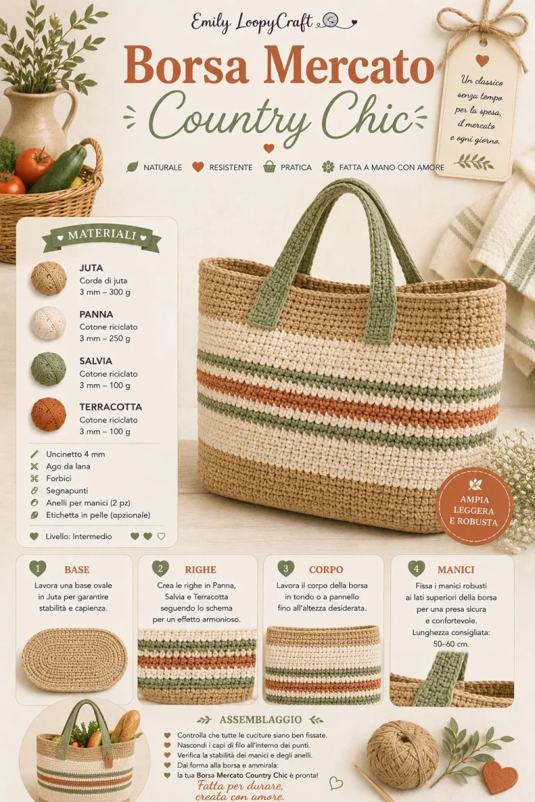Borsa da mercato Country Chic all'uncinetto, modello fai da te creato a mano.