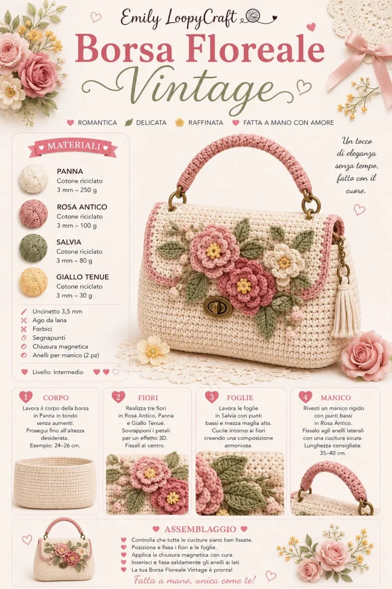 Borsa floreale vintage all’uncinetto con motivi romantici