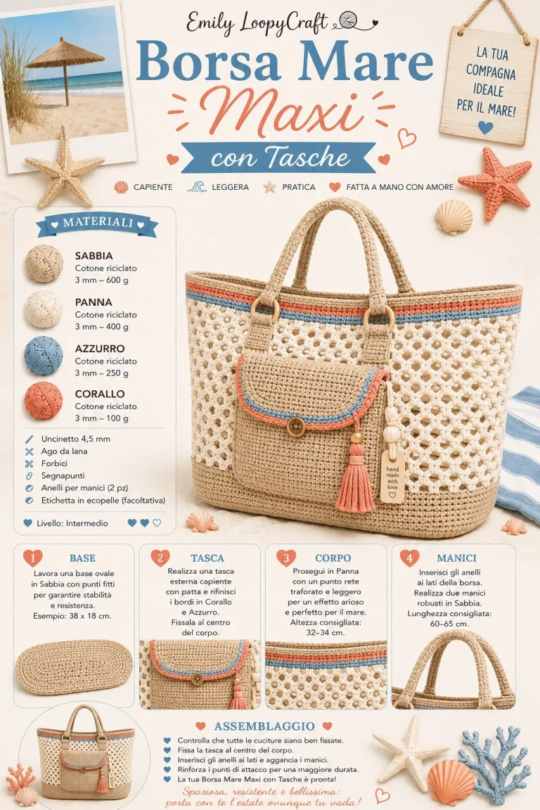 Borsa Mare Maxi all’Uncinetto con Tasche - Modello Pratico e alla Moda