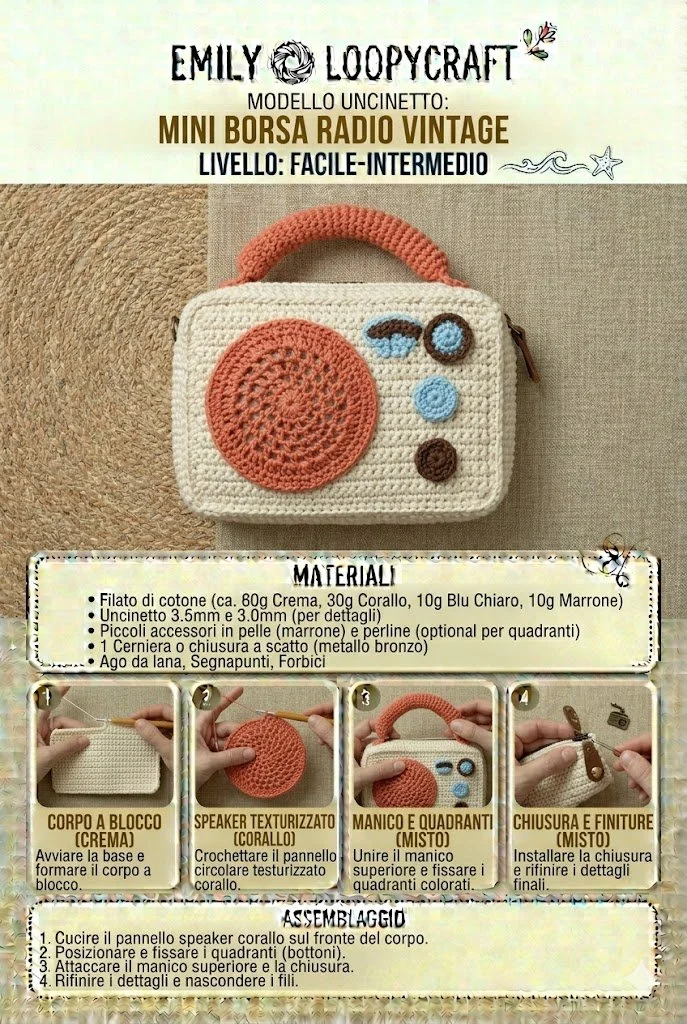 Borsa mini radio vintage all'uncinetto, accessorio retrò per un look unico.