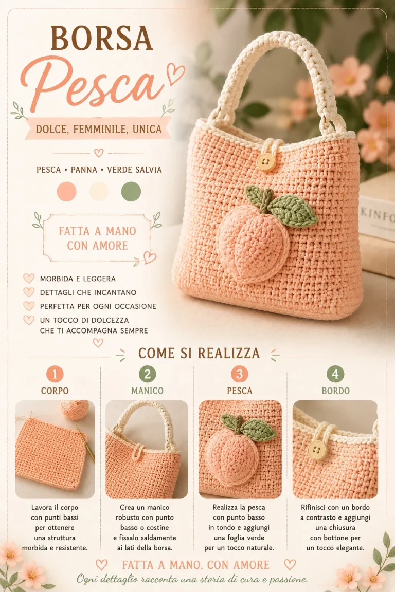 Borsa Pesca e Panna all’Uncinetto realizzata seguendo una guida passo passo.