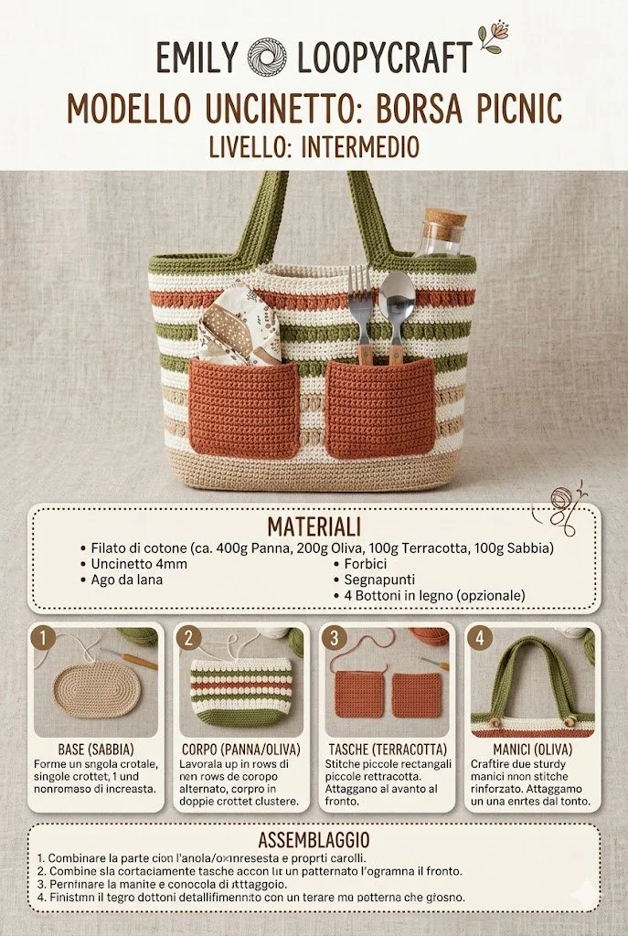Borsa Picnic Mediterranea all’Uncinetto, ideale per pic-nic estivi.