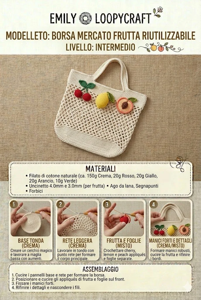 Guida passo-passo per realizzare una borsa porta frutta all’uncinetto.