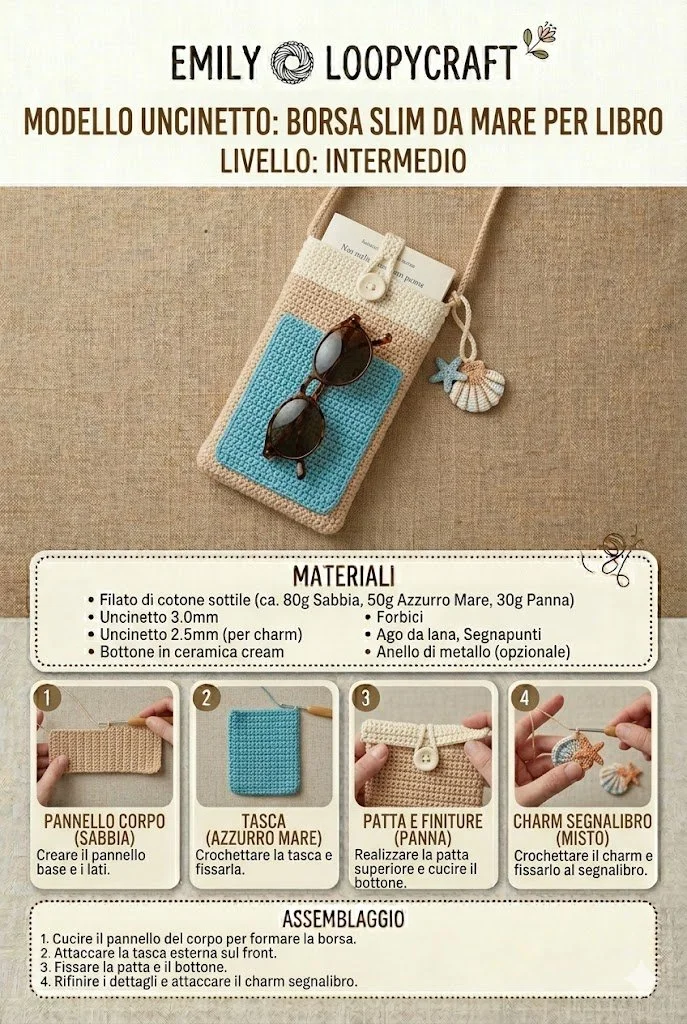 Borsa porta libro all'uncinetto ideale per le giornate estive in spiaggia