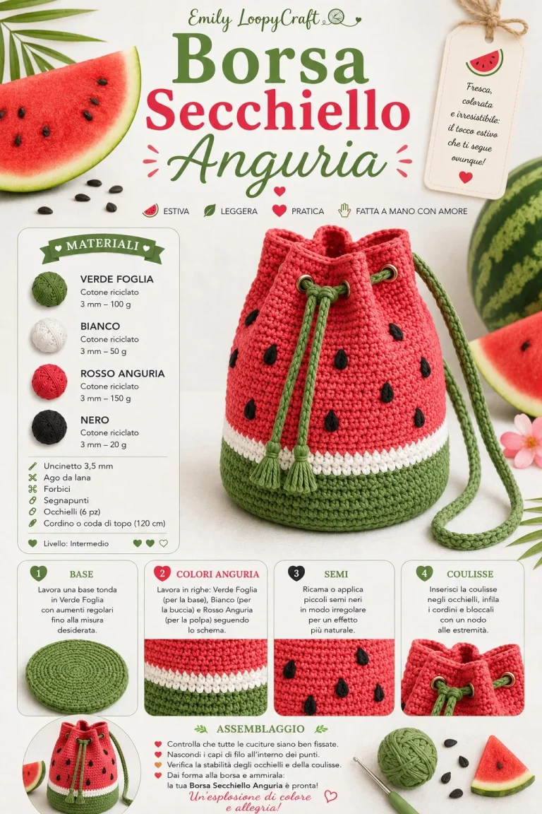Borsa secchiello all’uncinetto con motivo anguria, ideale per l'estate.