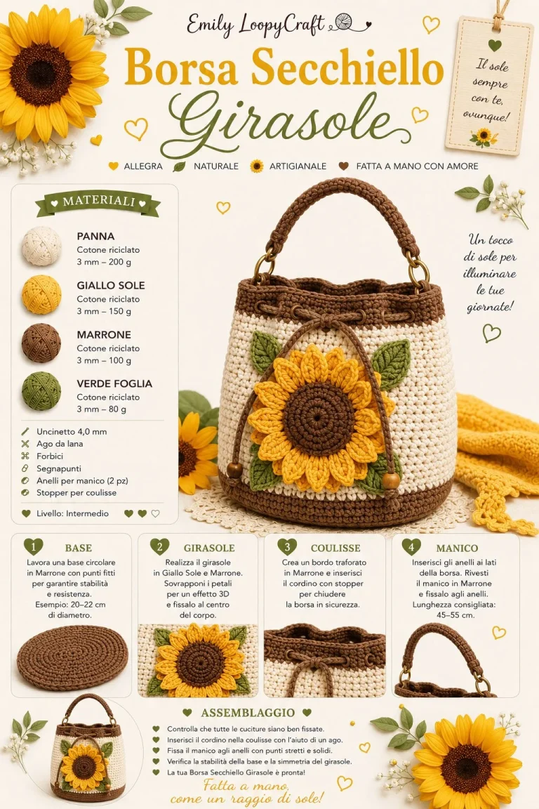 Borsa secchiello all’uncinetto con motivo girasole, ideale per un look estivo.