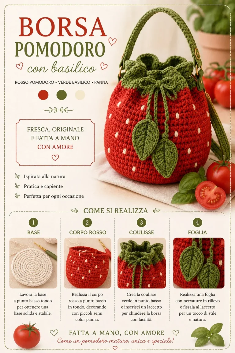 Borsa Secchiello Pomodoro e Basilico all'uncinetto in varie fasi di realizzazione