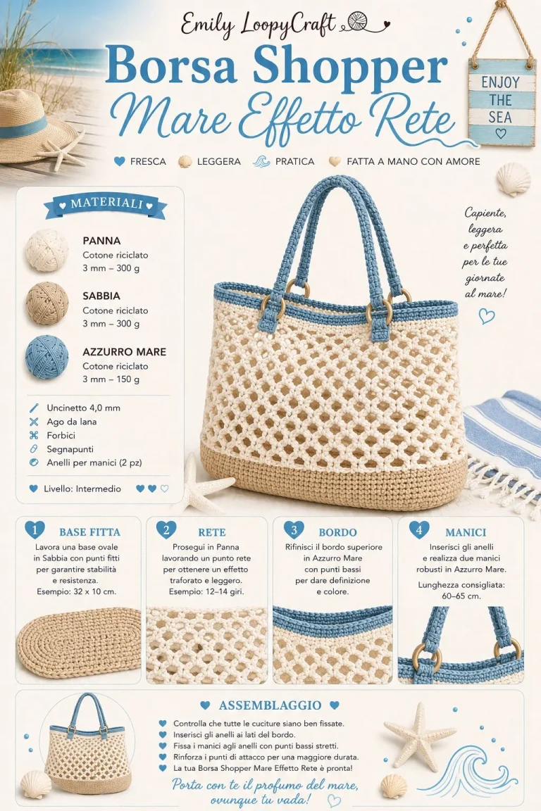 Borsa shopper mare all’uncinetto con effetto rete, modello pratico per l'estate
