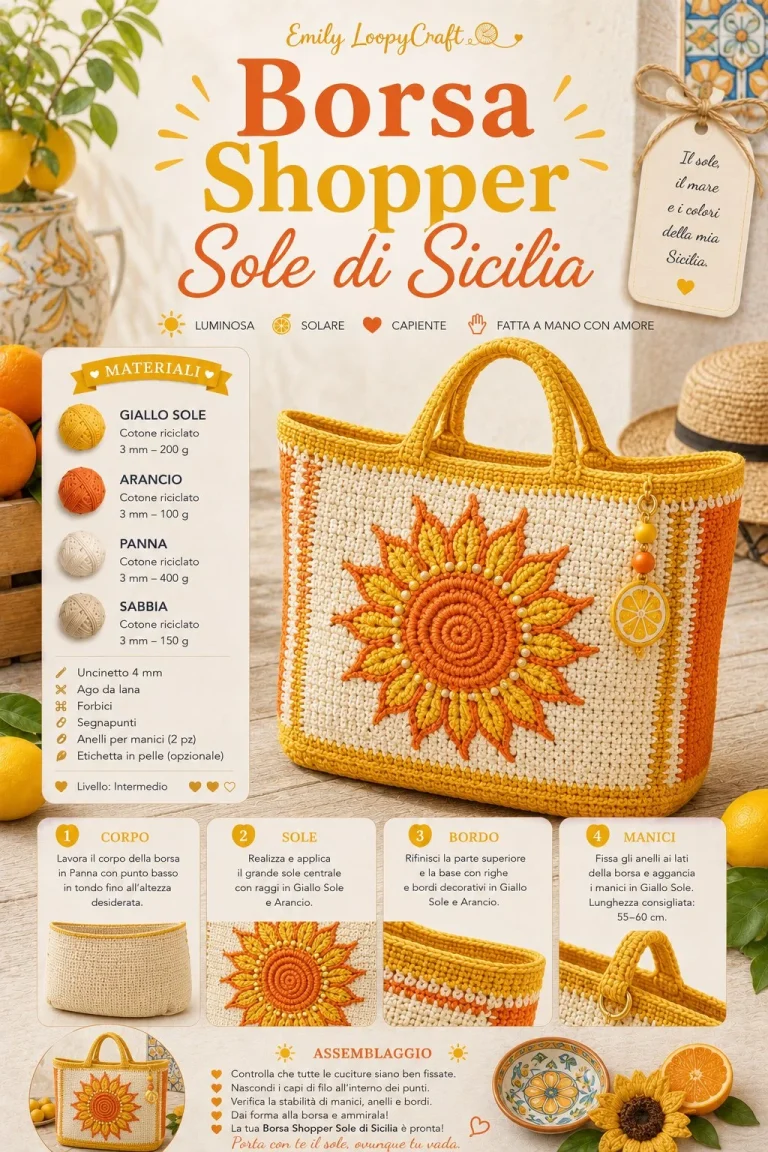 Borsa shopper Sole di Sicilia all'uncinetto, modello virale da realizzare.