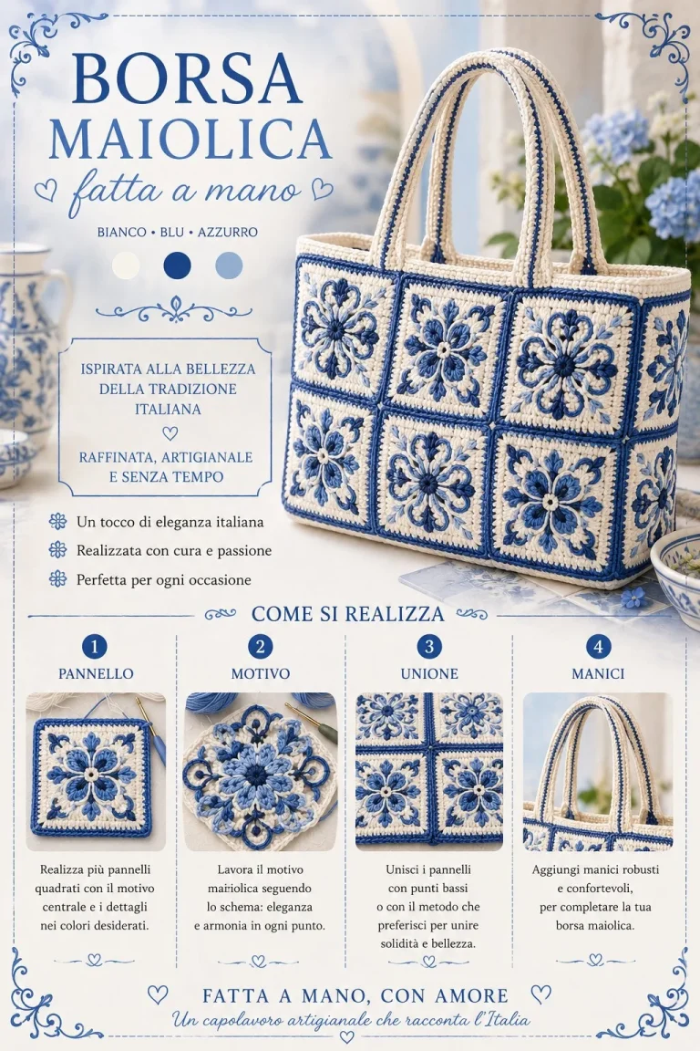 Borsa tote maiolica blu all'uncinetto realizzata a mano