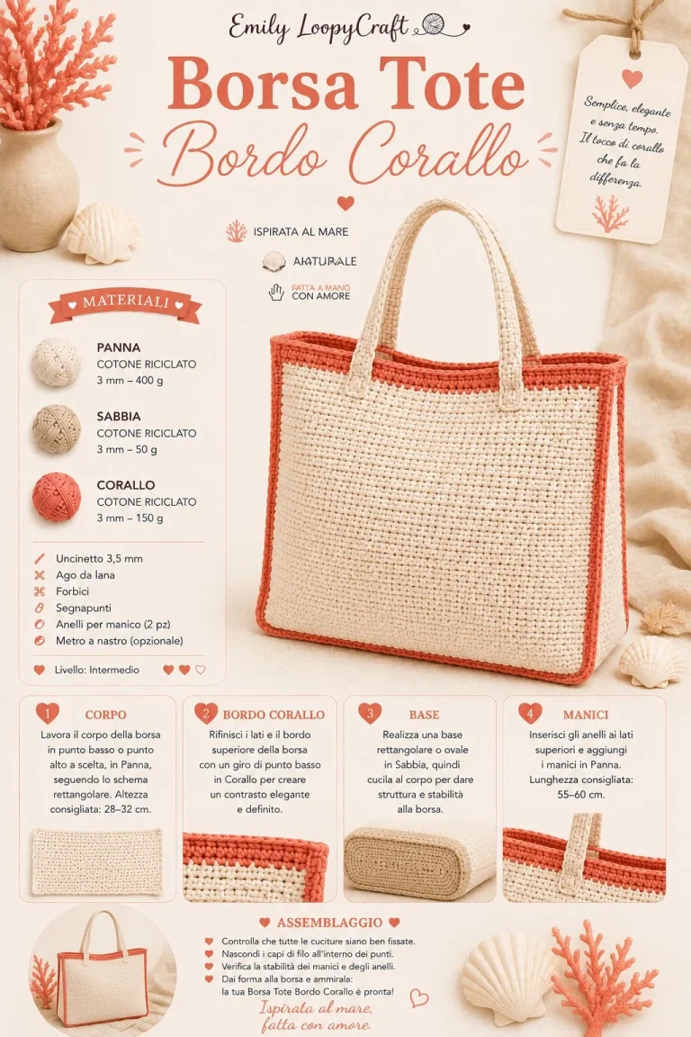 Borsa Tote Naturale all’Uncinetto con Bordo Corallo in tela colorata