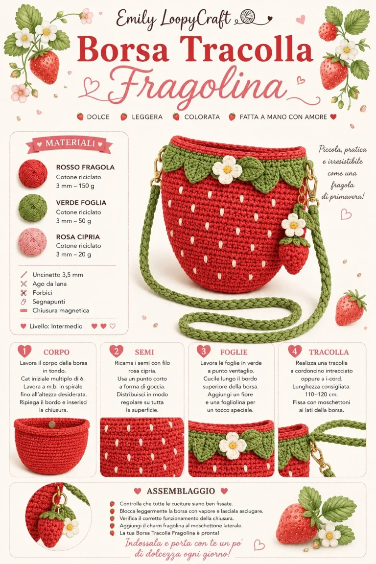Borsa tracolla all’uncinetto Fragolina modello kawaii colorato