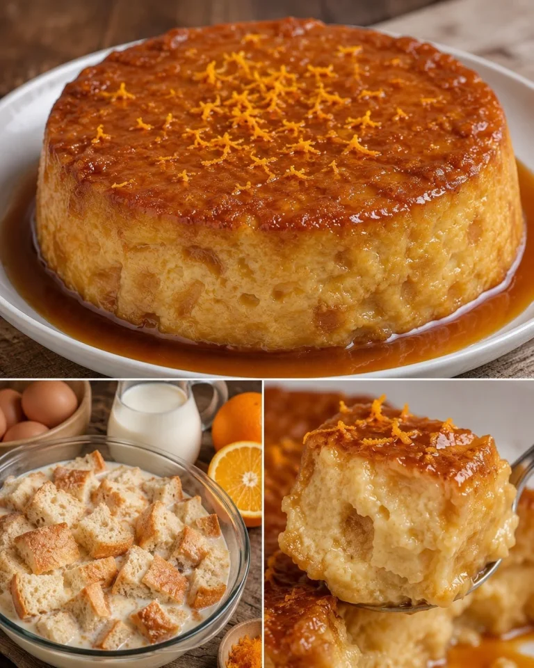 Budino di pane raffermo con arancia e caramello in un piatto