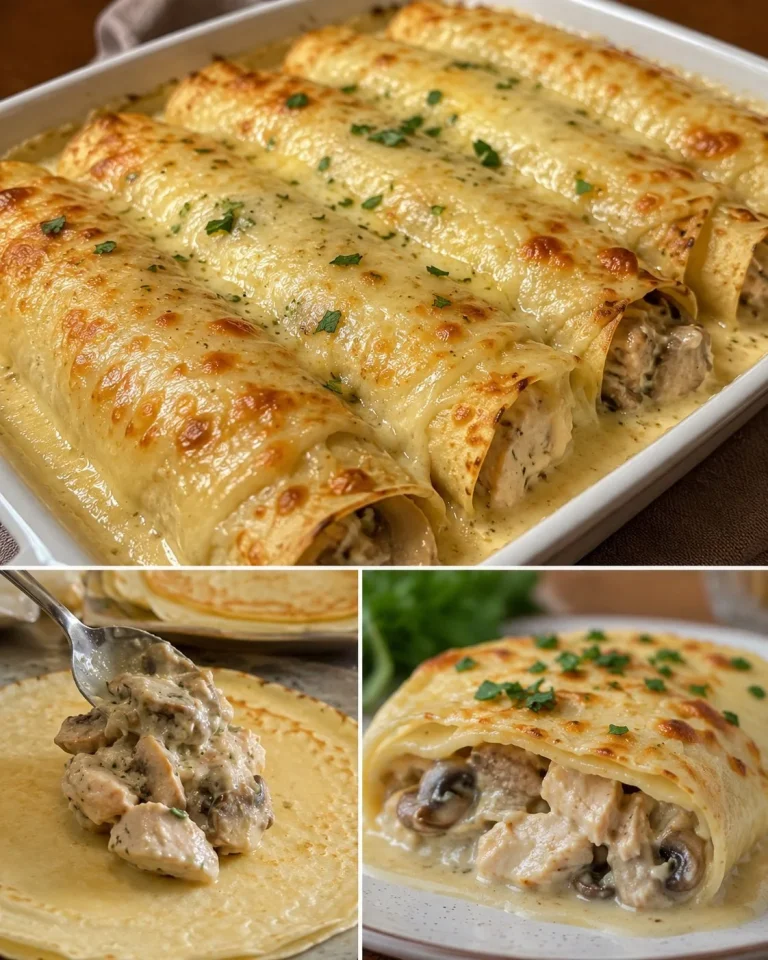 Crepes ripiene di pollo e funghi pronte da servire