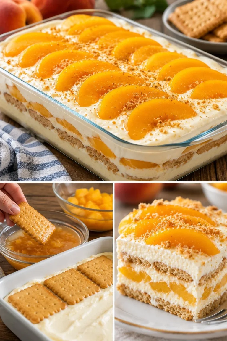 Crostata fredda di pesche e biscotti con decorazioni fresche