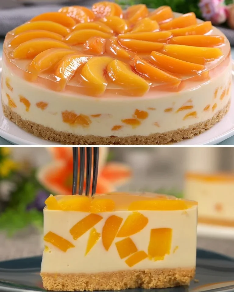 Delizioso dessert di latte e pesche pronto da servire in un elegante piatto