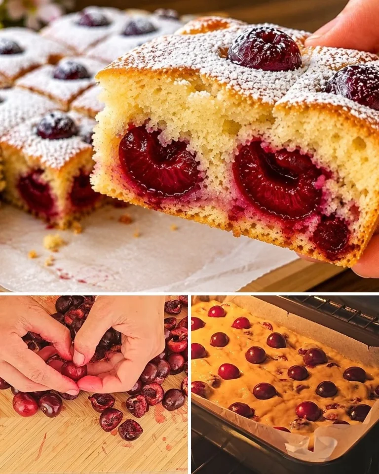 Dolce con ciliegie appena sfornato, decorato con frutta fresca