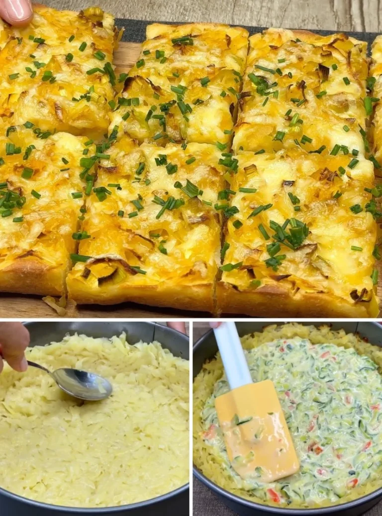 Focaccia morbida alle patate grattugiate e porri appena sfornata.