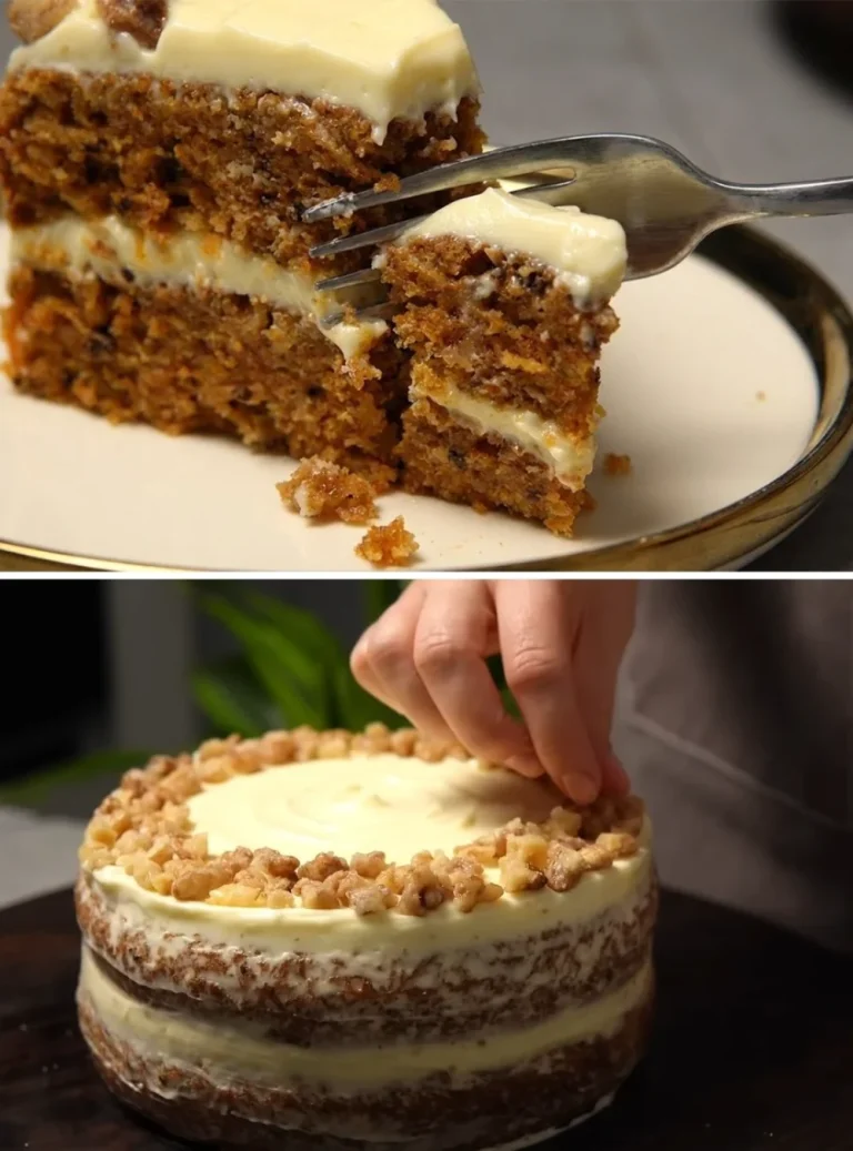 Torta di carote farcita con crema di formaggio, dolce morbido e colorato.