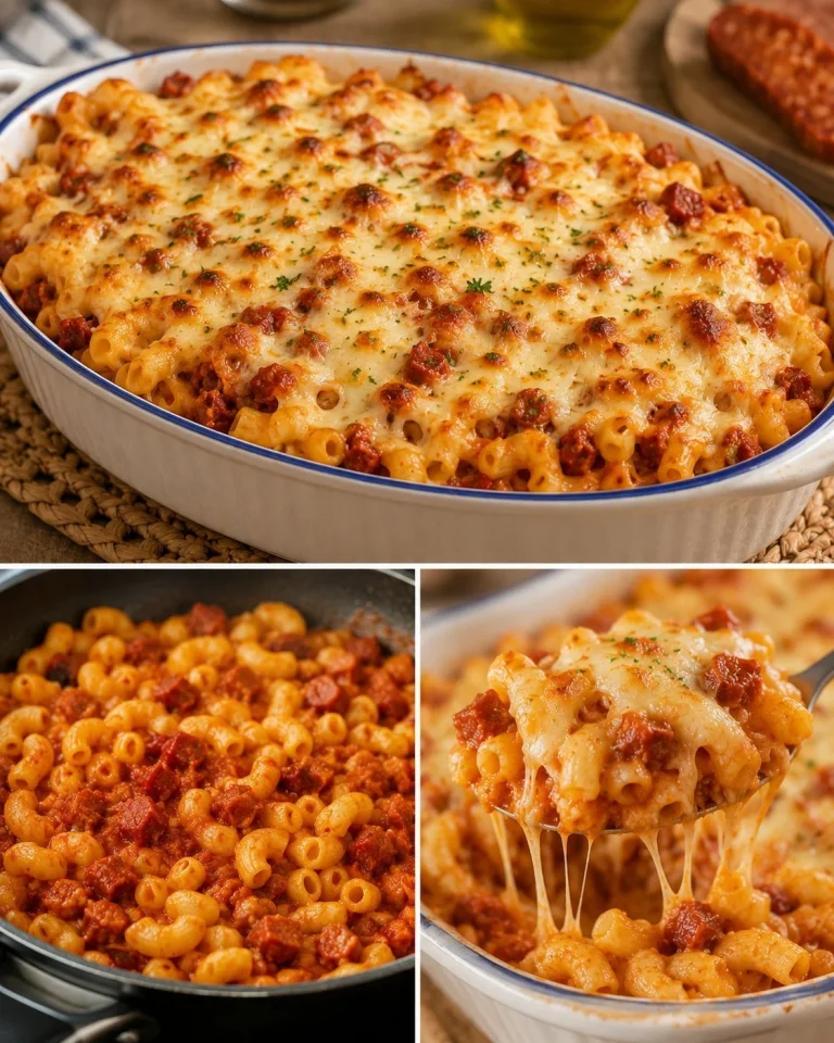 Maccheroni gratinati con chorizo e pomodoro serviti in un piatto