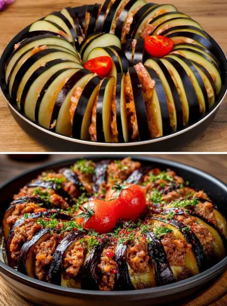 Melanzane ripiene e insalata di melanzane con feta servite in un piatto colorato.