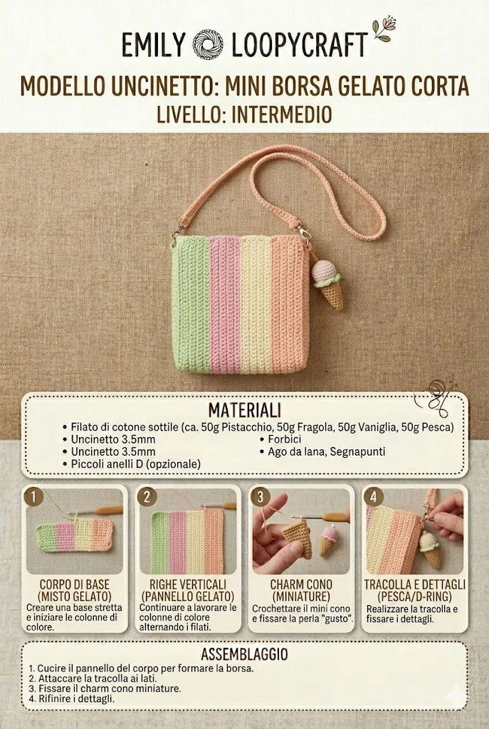 Mini borsa gelateria all’uncinetto realizzata seguendo una guida passo-passo.