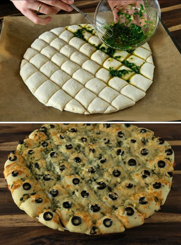 Pane fatto in casa con olive e mozzarella fresco e fragrante